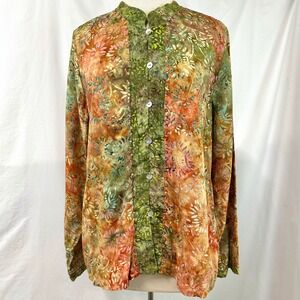FRIVOLOUS LA BLEND Bright Batik Print Button Front Shirt Beaded Women L Bohemian